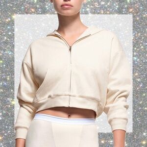 SKIMS Cotton Fleece Waffle Lined Shrunken Zip Up Hoodie in Ecru size M NWT!!!